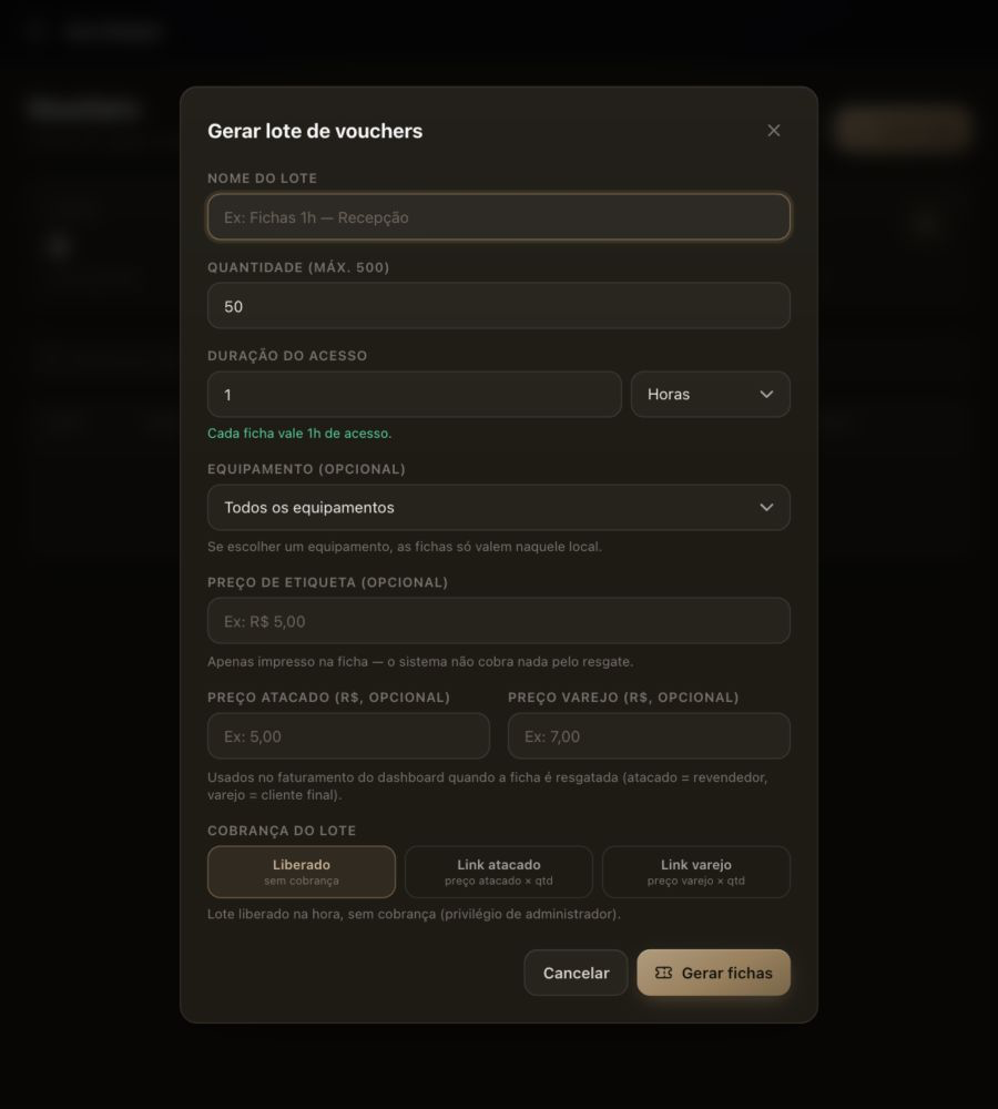 Tela real para gerar lotes de vouchers de Wi-Fi